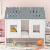 Bellemave® Twin Size Low House Loft Bed with Roof and Two Front Windows - Bellemave